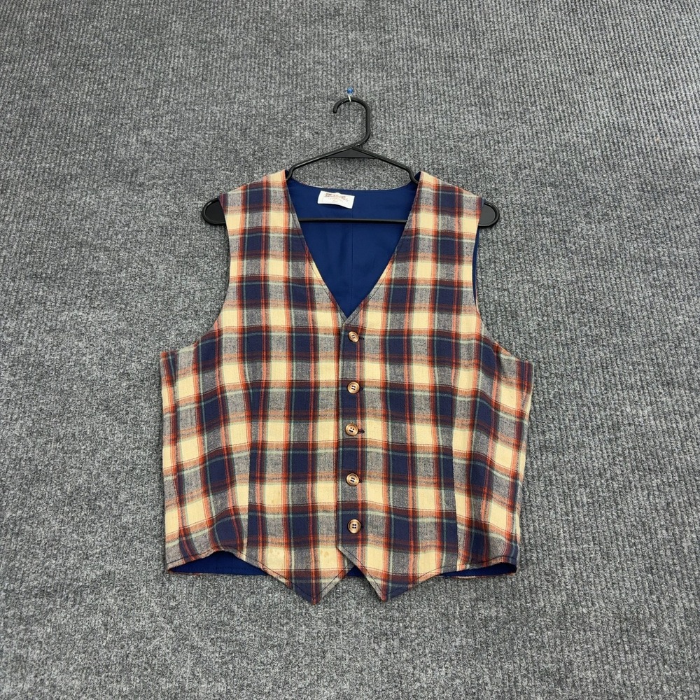 Vintage Handmade Vest Kids 19x23‎ Blue Orange Plaid Button Up Waistcoat Preppy